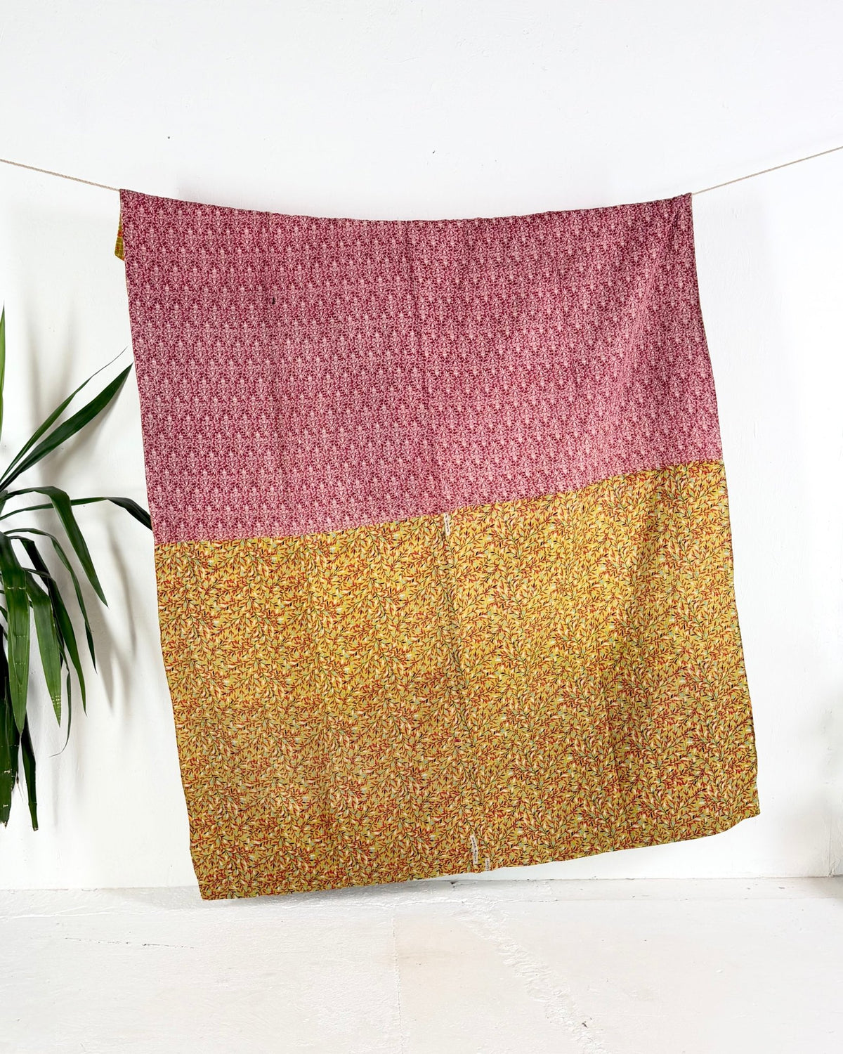 Fine Stitched Vintage Kantha Quilt in Pink, Yellow and Mustard - Biggs & Hill