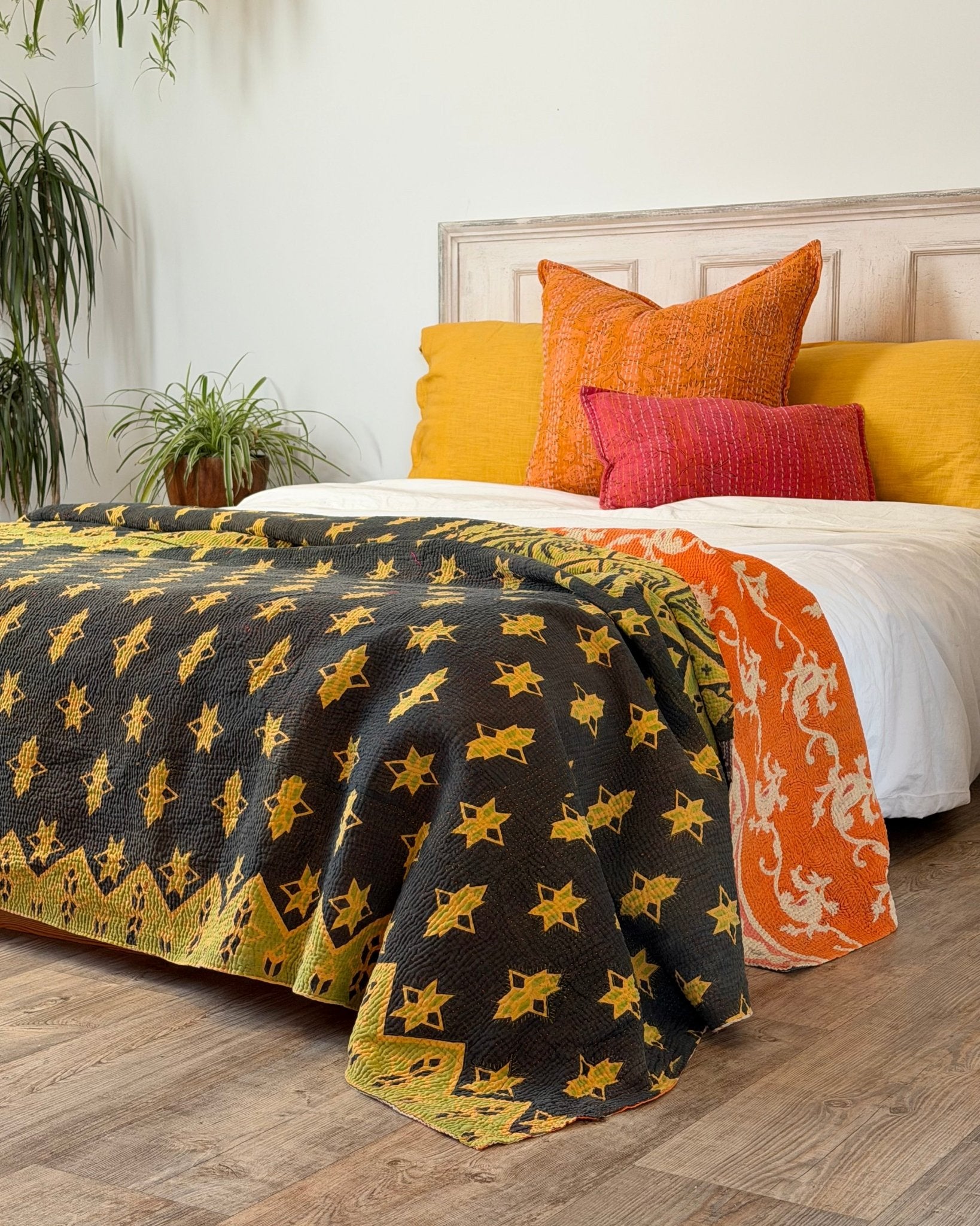 Large Fine Stitched Vintage Kantha Quilt In Orange, Black and Green - Biggs & Hill