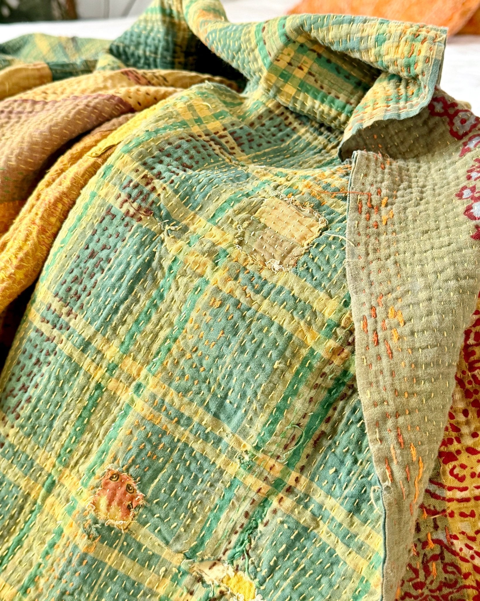Ajrakh Printed Vintage Kantha Quilt In Green-Gold - Biggs & Hill