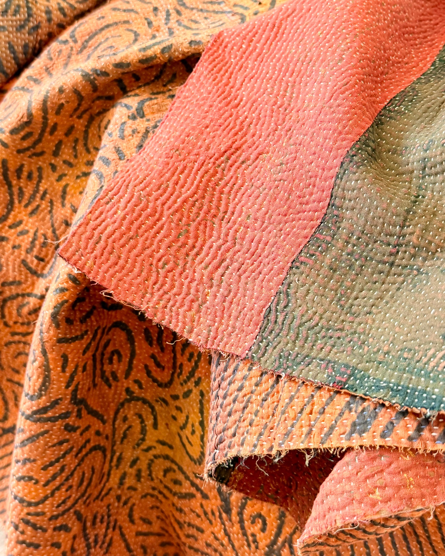 Ajrakh Printed Vintage Kantha Quilt In Orange And Green
