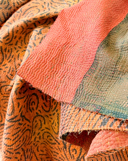 Ajrakh Printed Vintage Kantha Quilt In Orange And Green