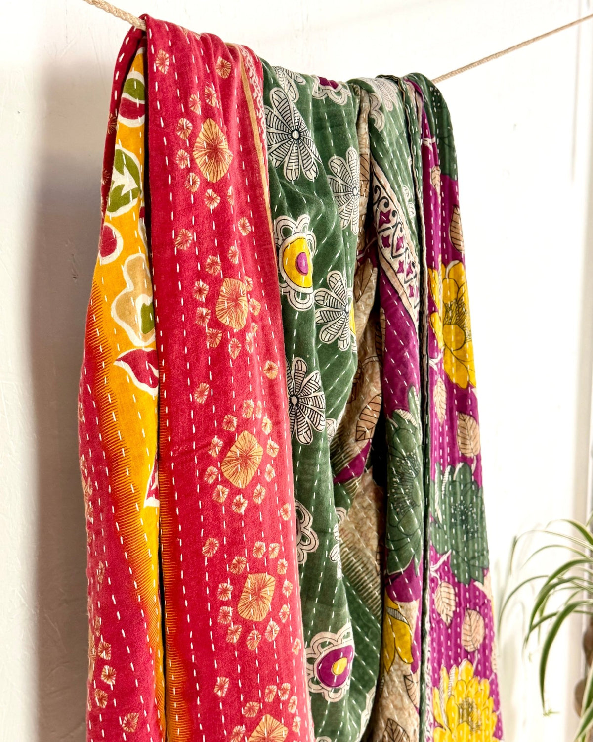 Vintage Cotton Kantha Quilt In Red and Green 07 - Biggs & Hill