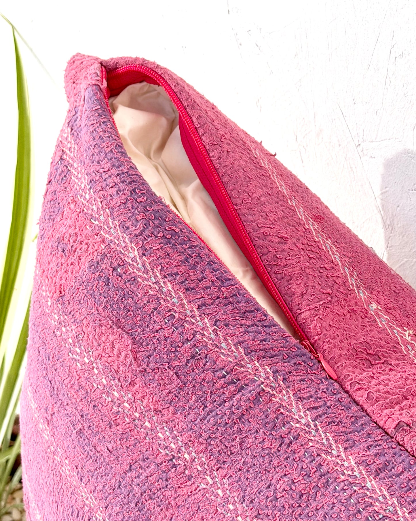 Handmade Vintage Kantha Cushion Cover In Pink With Embroidered Stripes - Large Rectangular