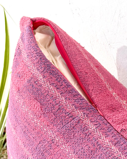 Handmade Vintage Kantha Cushion Cover In Pink With Embroidered Stripes - Large Rectangular