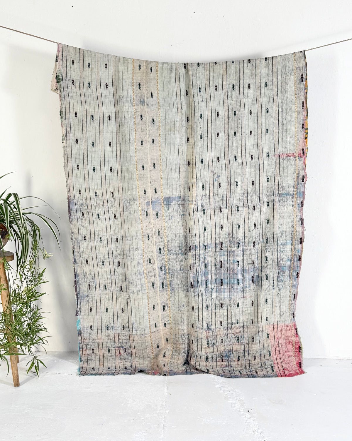 Textured Vintage Kantha Quilt In Orange, Green and White