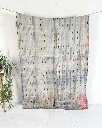 Textured Vintage Kantha Quilt In Orange, Green and White