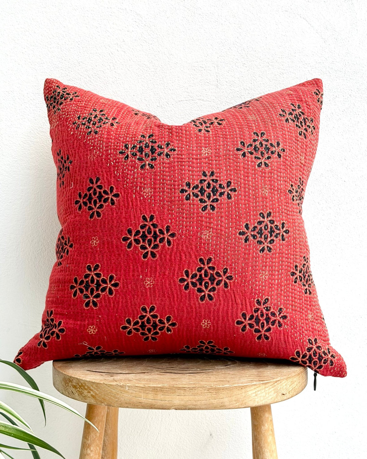 Handmade Reversible Vintage Kantha Cushion Cover In Red and Black - 45cm (18") - Biggs & Hill