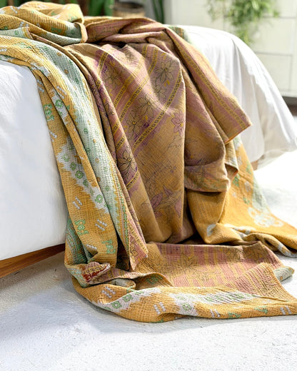 Extra Large Fine Stitched Vintage Kantha Quilt in Geometric Yellow and Green - Biggs & Hill
