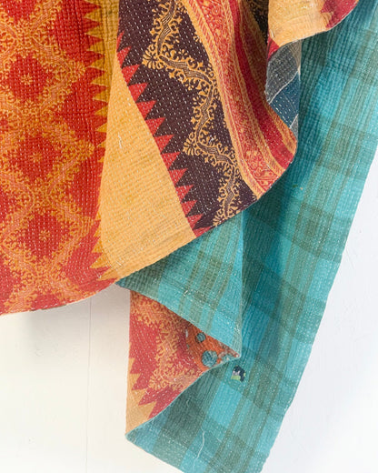 Extra Large Textured Vintage Kantha Quilt In Geometric Yellow, Black and Orange - Biggs & Hill