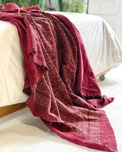 Ajrakh Printed Vintage Kantha Quilt in Deep Red - Biggs & Hill