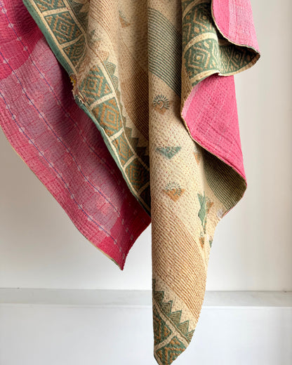 Fine Stitched Vintage Kantha Quilt in Super Soft Pink and Olive Green