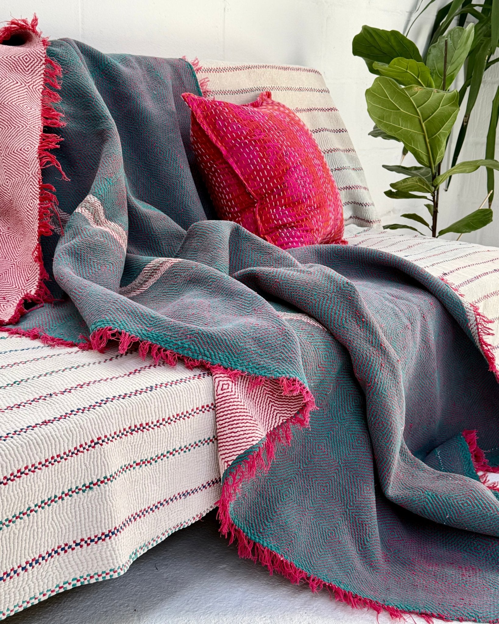 Large Heavy Kantha Blanket Quilt With Lik Phul Stitching In Forest Green and Pink - Biggs & Hill