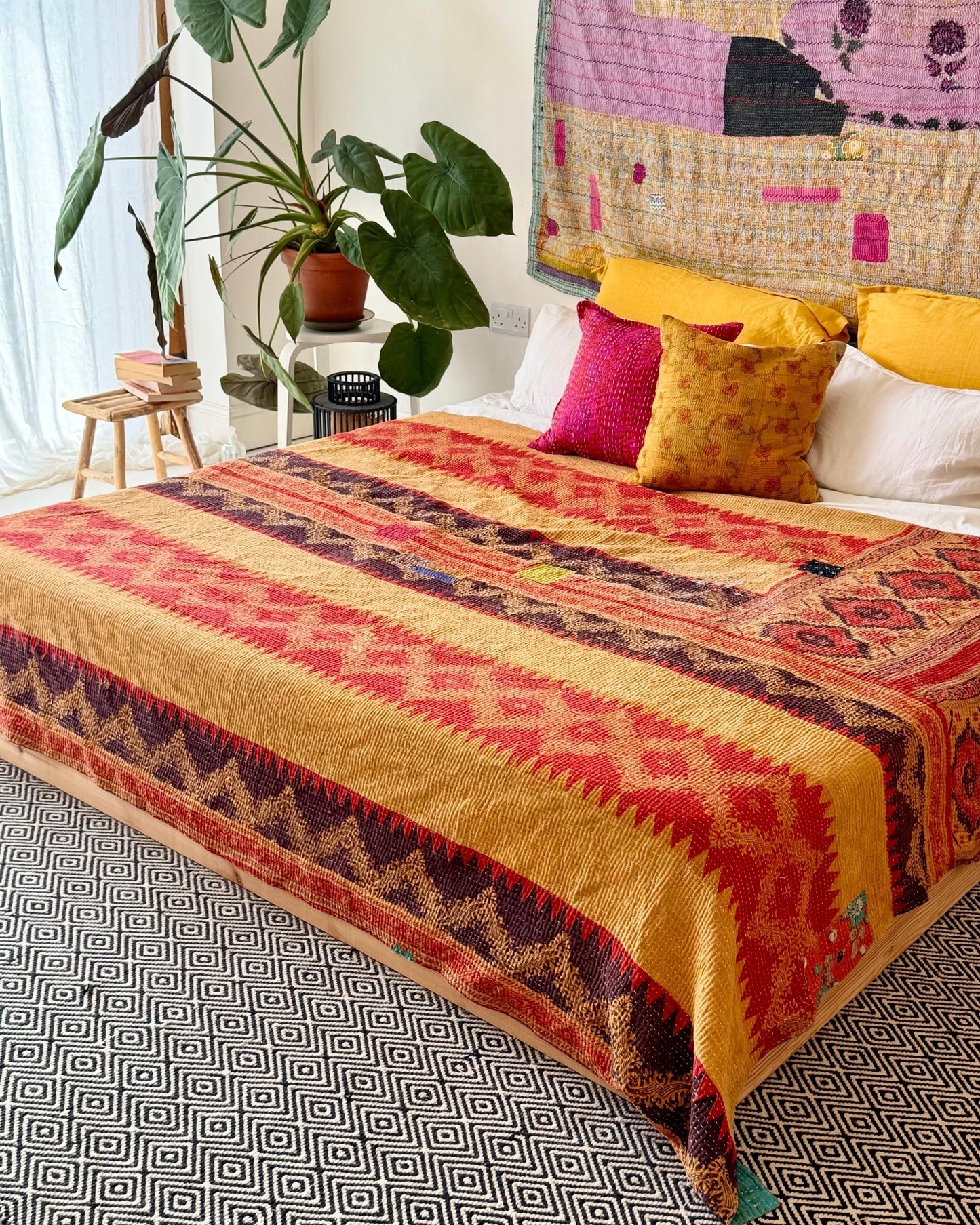 Extra Large Textured Vintage Kantha Quilt In Geometric Yellow, Black and Orange - Biggs & Hill