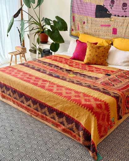 Extra Large Textured Vintage Kantha Quilt In Geometric Yellow, Black and Orange - Biggs & Hill