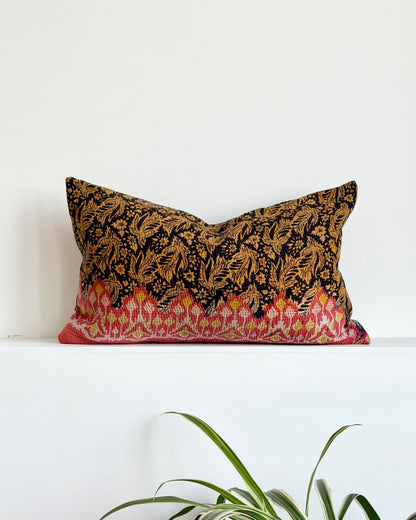 Vintage Kantha Cushion In Orange, Black and Gold - Small Rectangular - Biggs & Hill