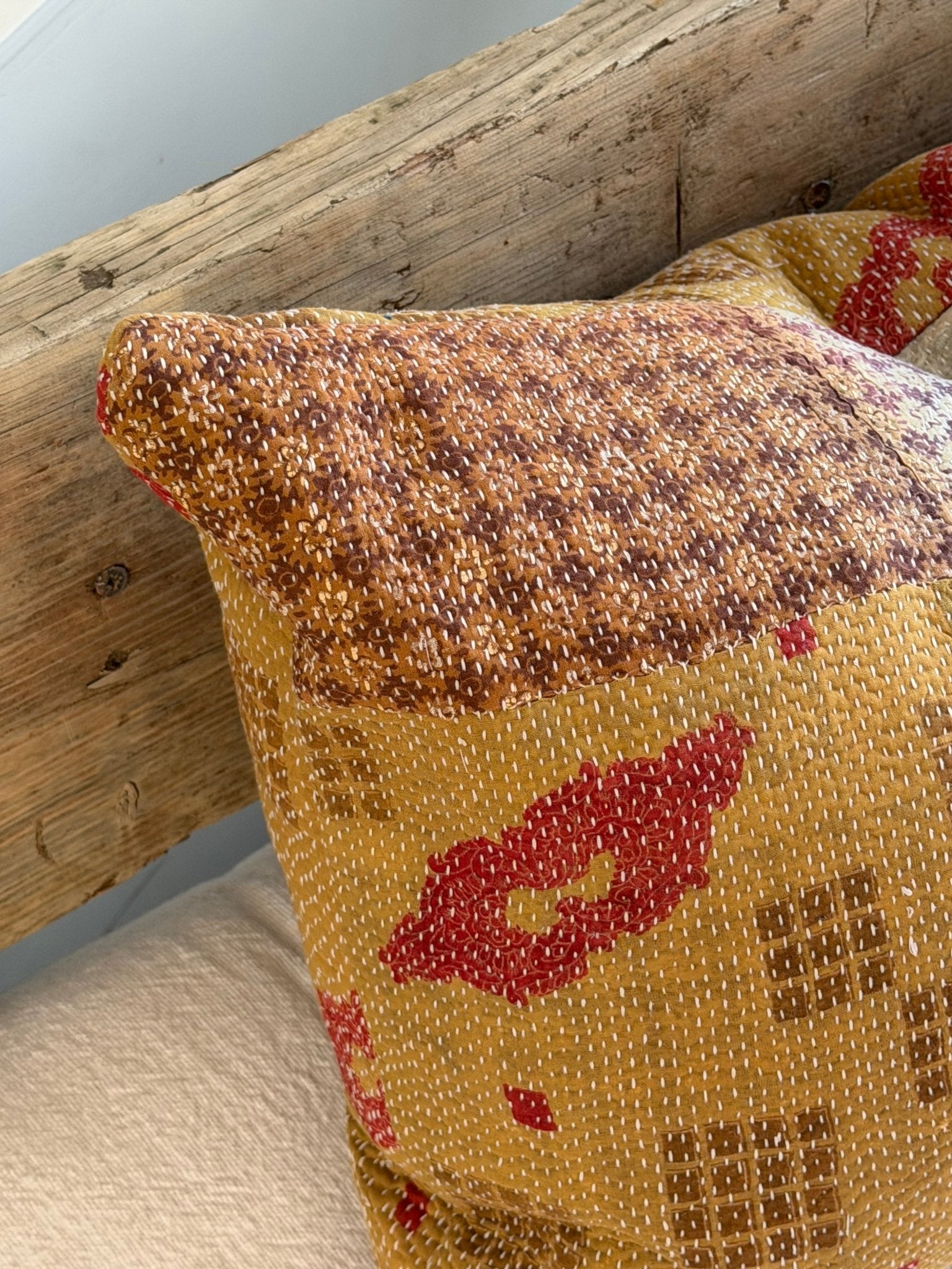 Handmade Vintage Kantha Cushion In Mustard Yellow And Red - Large Rectangular - Biggs & Hill