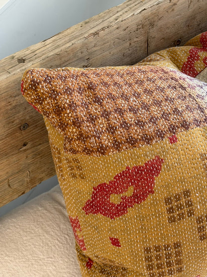 Handmade Vintage Kantha Cushion In Mustard Yellow And Red - Large Rectangular - Biggs & Hill