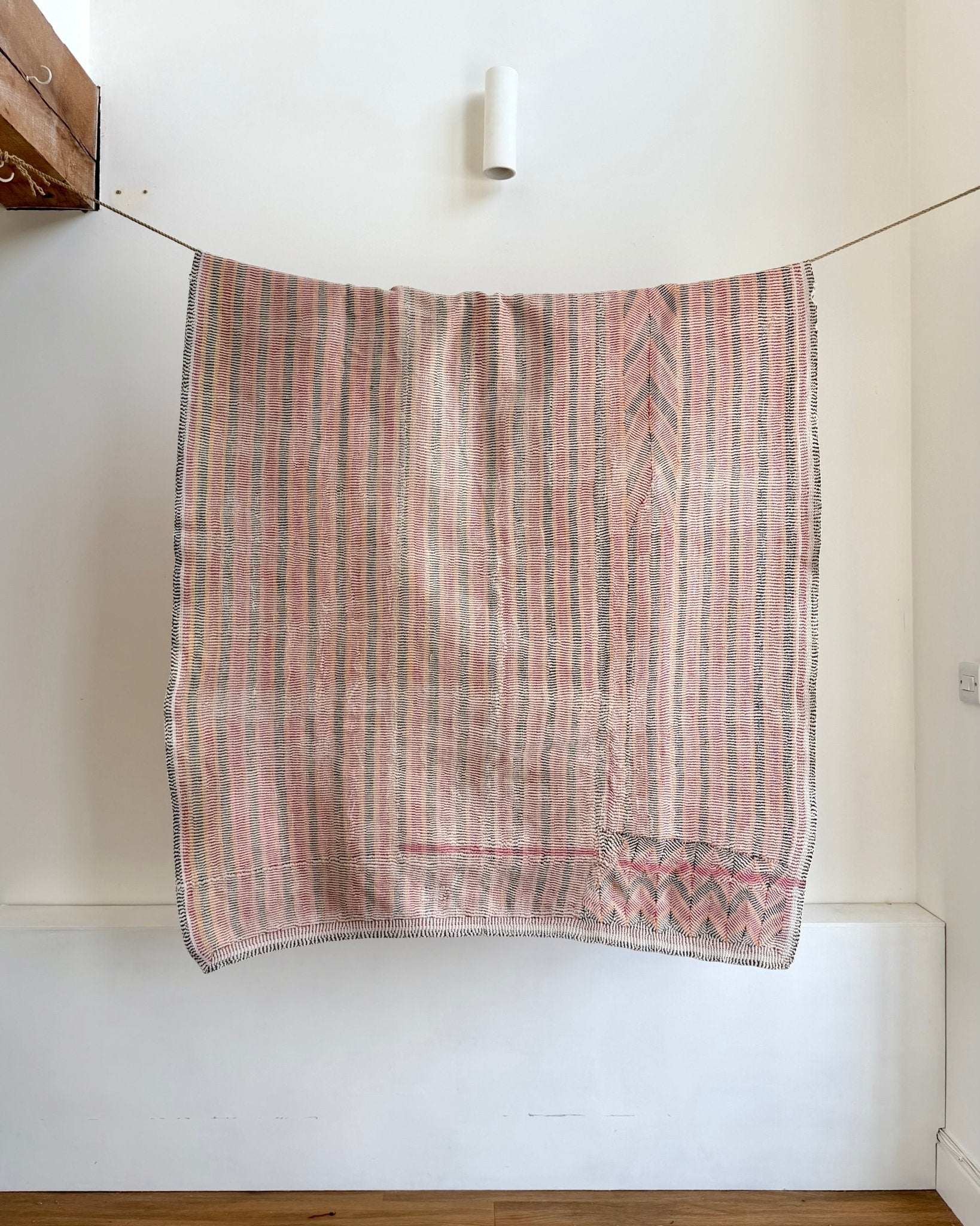 Small Heavy Vintage Lohori Kantha Quilt in Pink and Yellow Stripes - Biggs & Hill