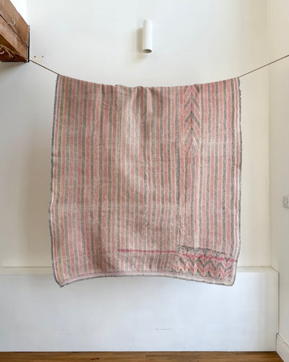 Small Heavy Vintage Lohori Kantha Quilt in Pink and Yellow Stripes - Biggs & Hill