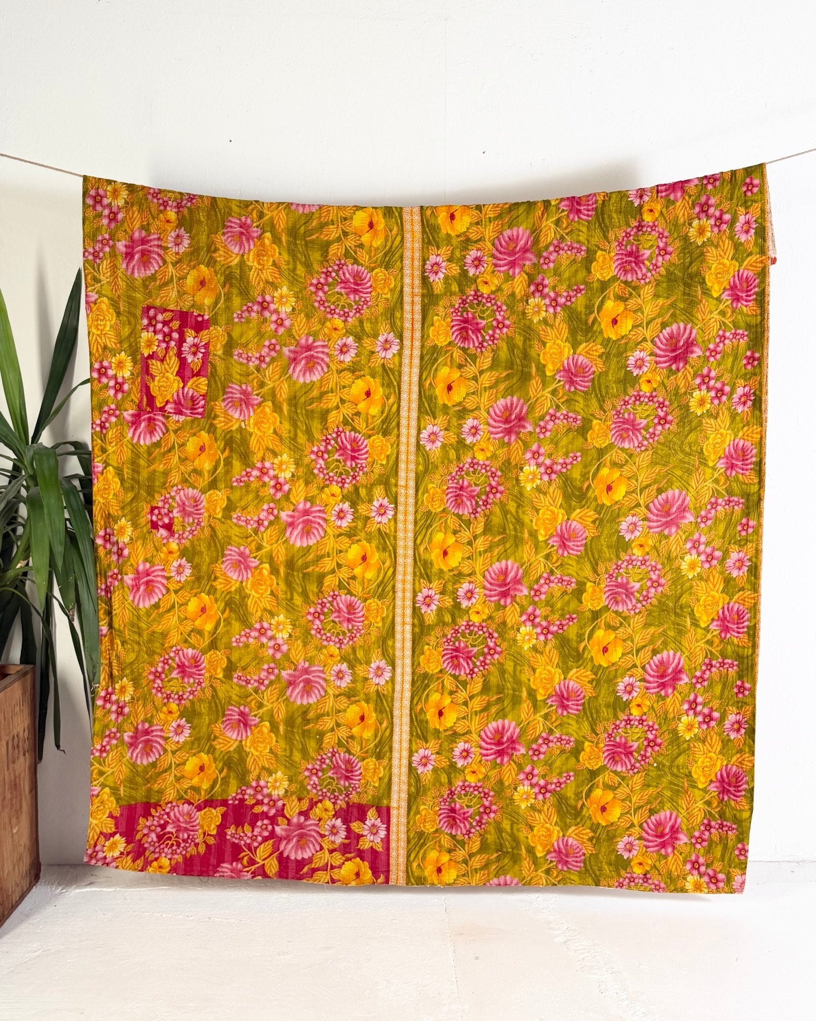 Large Fine Stitched Vintage Kantha Quilt in Bold Pink and Yellow Floral - Biggs & Hill