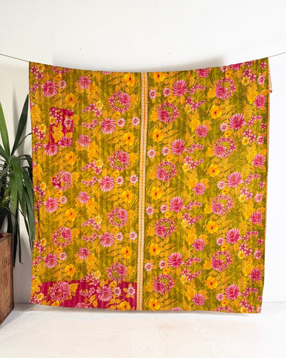 Large Fine Stitched Vintage Kantha Quilt in Bold Pink and Yellow Floral - Biggs & Hill