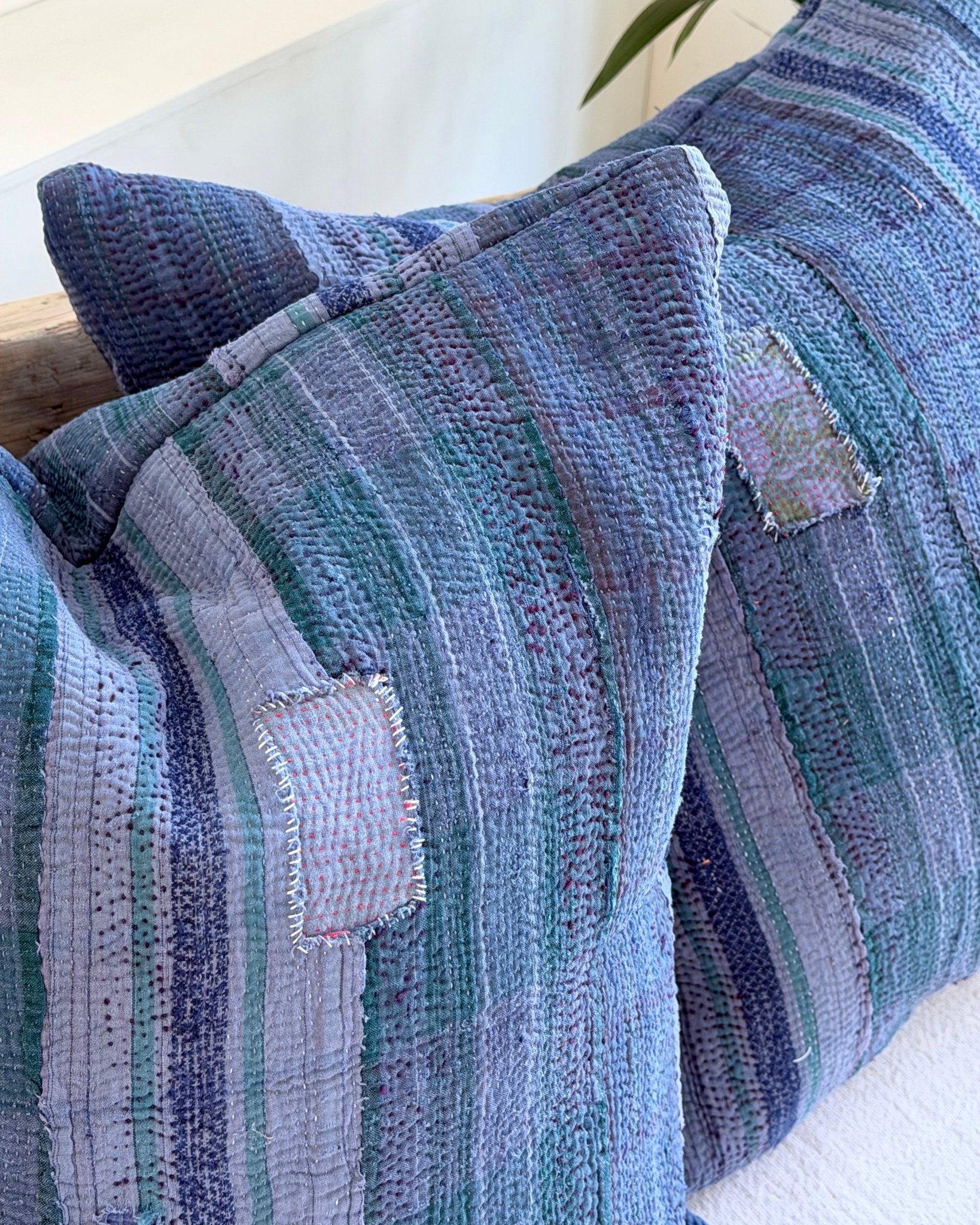 Handmade Vintage Kantha Cushion In Deep Blue - 50cm Square - Biggs & Hill