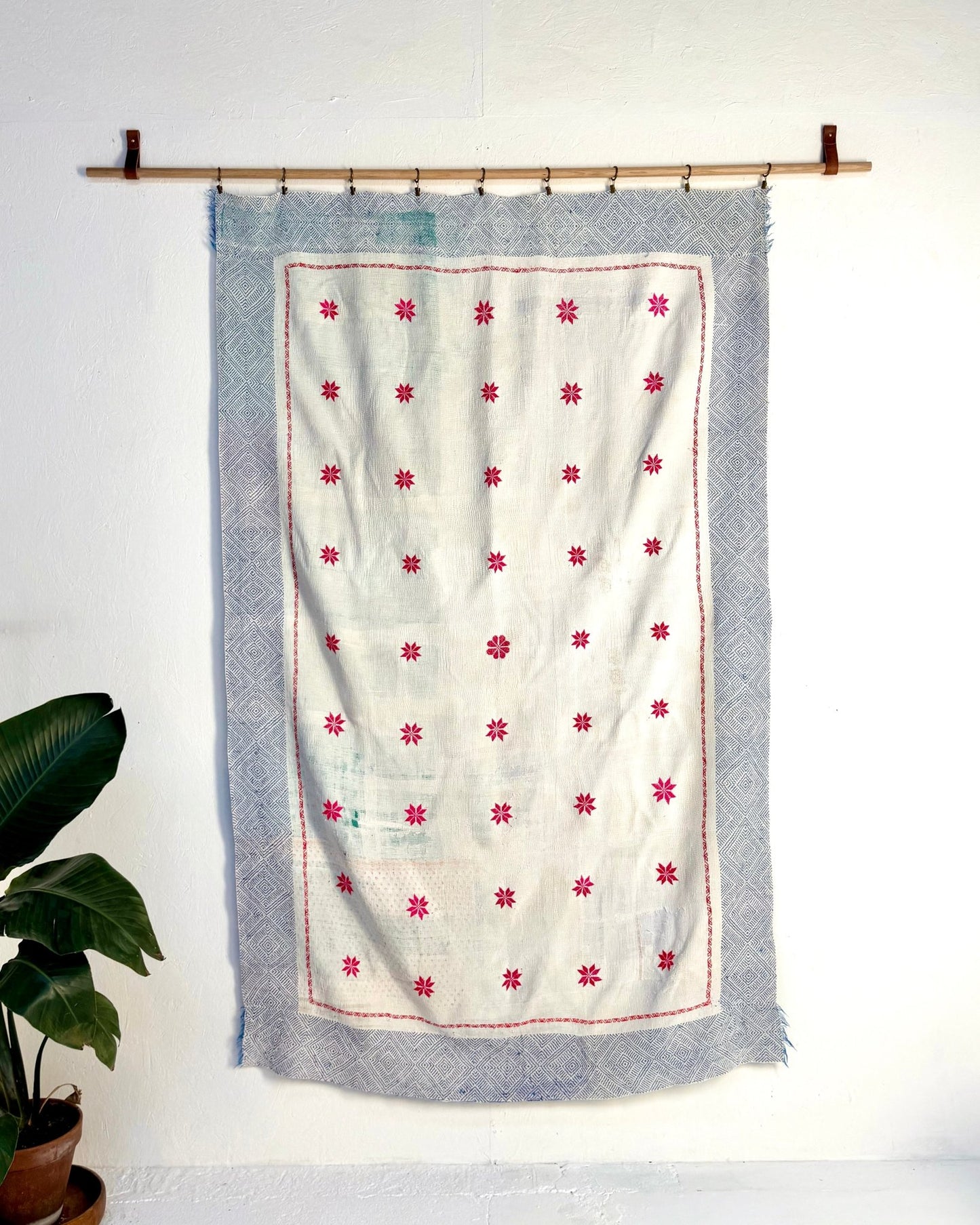 Star Embroidered Vintage Kantha Quilt in White and Pink - Biggs & Hill