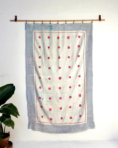 Star Embroidered Vintage Kantha Quilt in White and Pink - Biggs & Hill