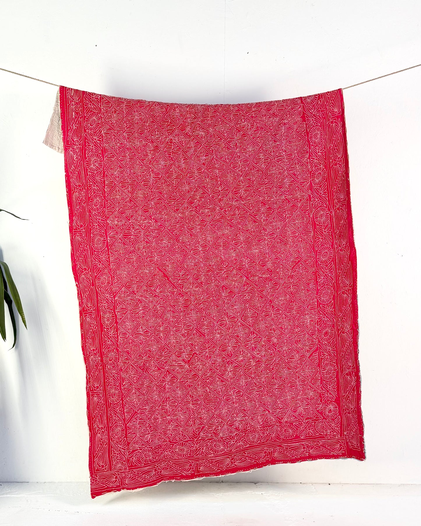 Embroidered Sujini Vintage Kantha Quilt In Red With White Embroidery