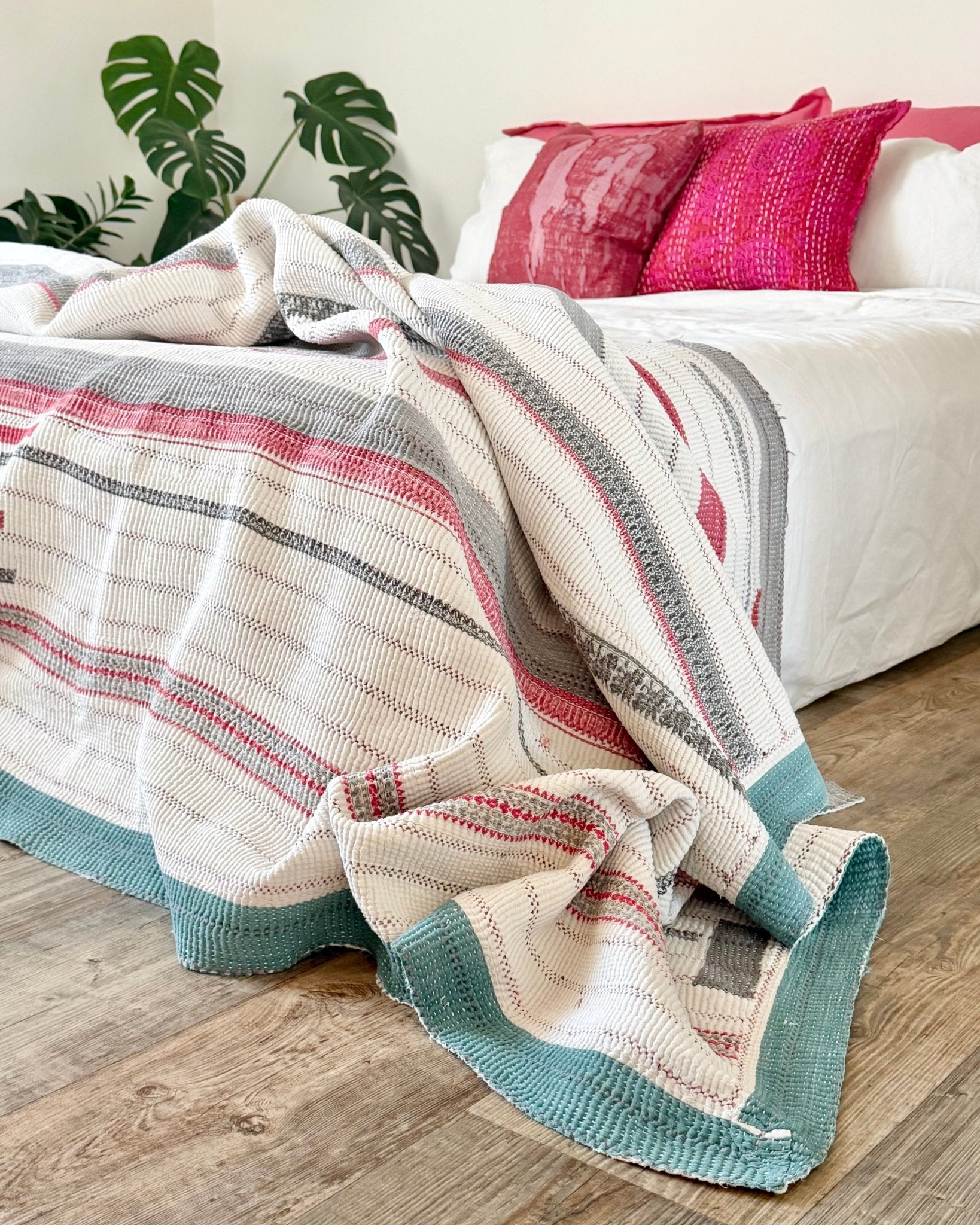 Large Heavy Fine Stitched Embroidered Vintage Kantha Quilt in White and Pink - Biggs & Hill