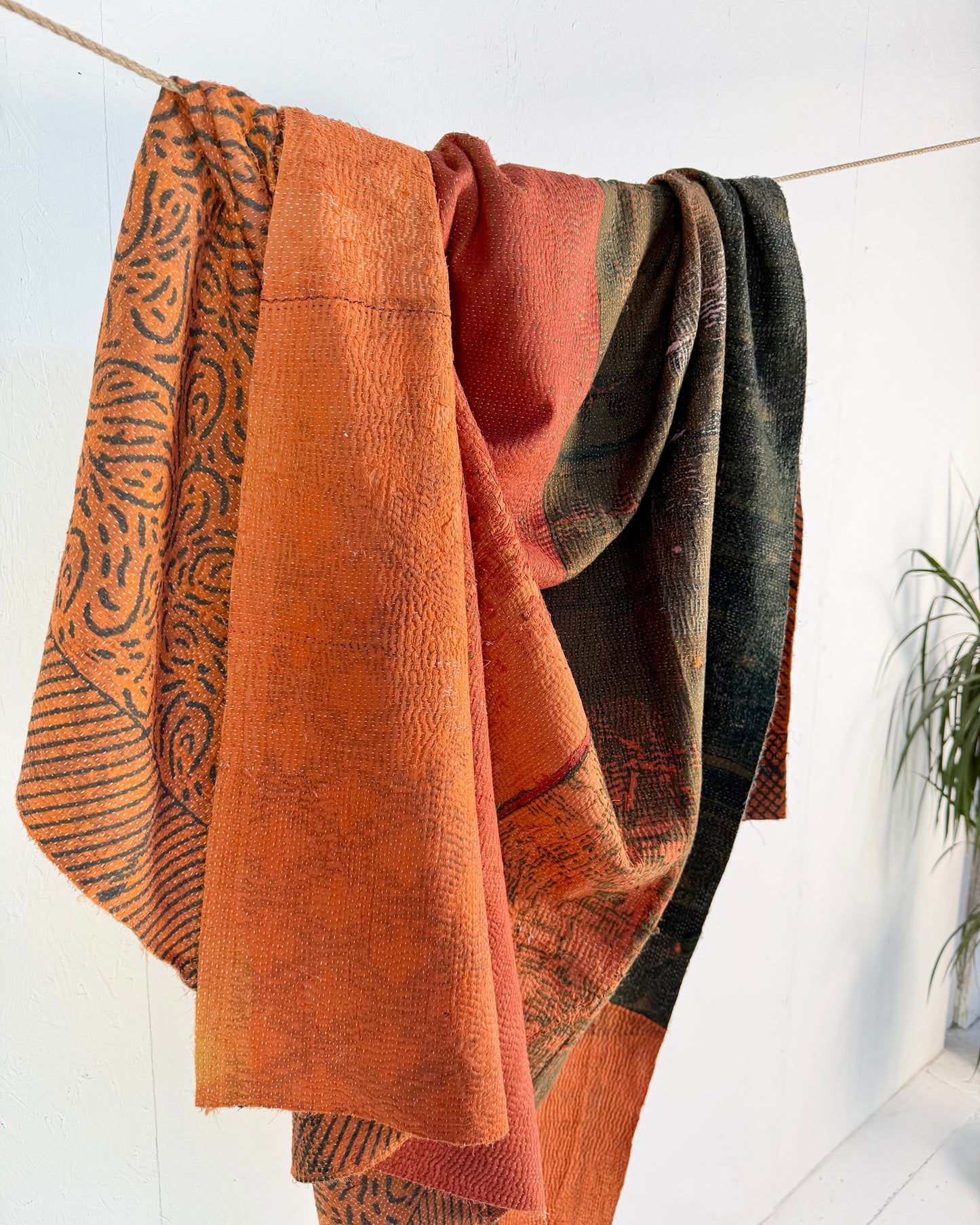 Ajrakh Printed Vintage Kantha Quilt In Orange And Green