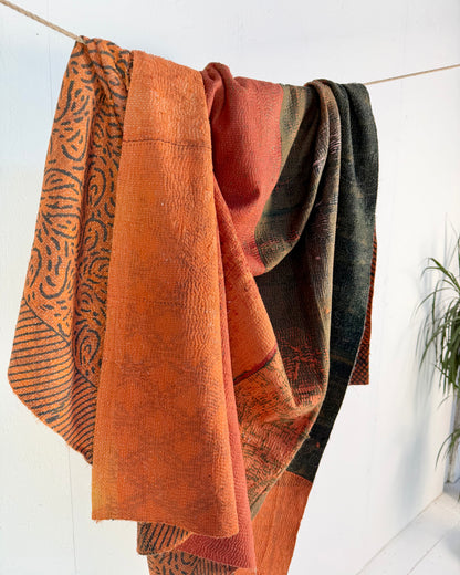 Ajrakh Printed Vintage Kantha Quilt In Orange And Green