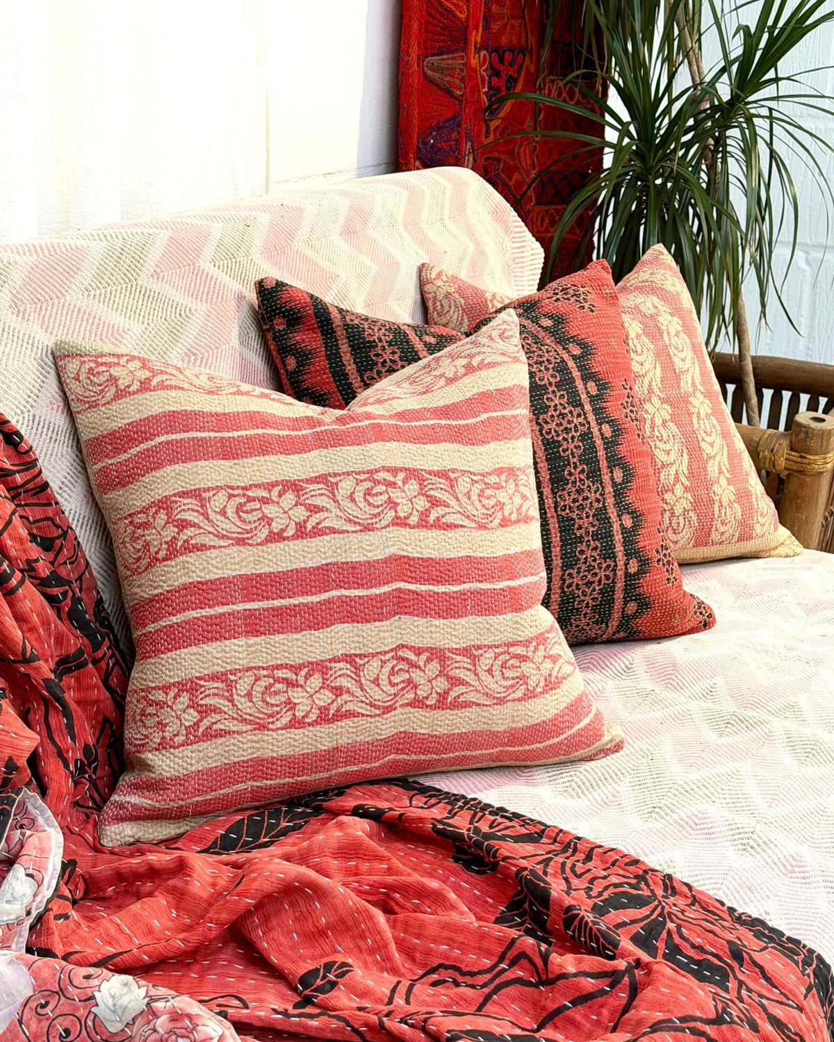 Handmade Vintage Kantha Cushion Cover In Pink and Beige- 45cm (18") - Biggs & Hill