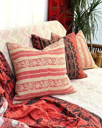 Handmade Vintage Kantha Cushion Cover In Pink and Beige- 45cm (18") - Biggs & Hill