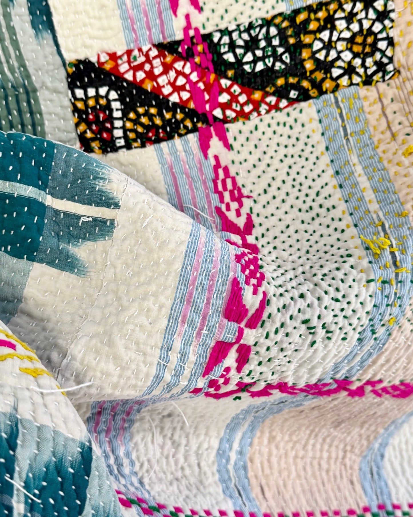 Heavy Fine Stitched Embroidered Vintage Kantha Quilt in Yellow, Pink and Blue - Biggs & Hill