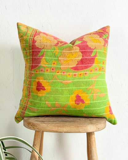 Handmade Vintage Kantha Cushion Cover In Green and Yellow - 45cm (18") Square