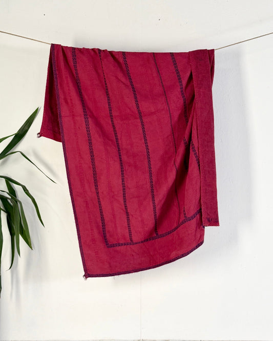 Fine Stitched Embroidered Vintage Kantha Quilt in Deep Plum Red - Biggs & Hill
