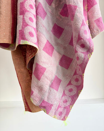 Large Fine Stitched Vintage Kantha Quilt With Pink Squares - Biggs & Hill