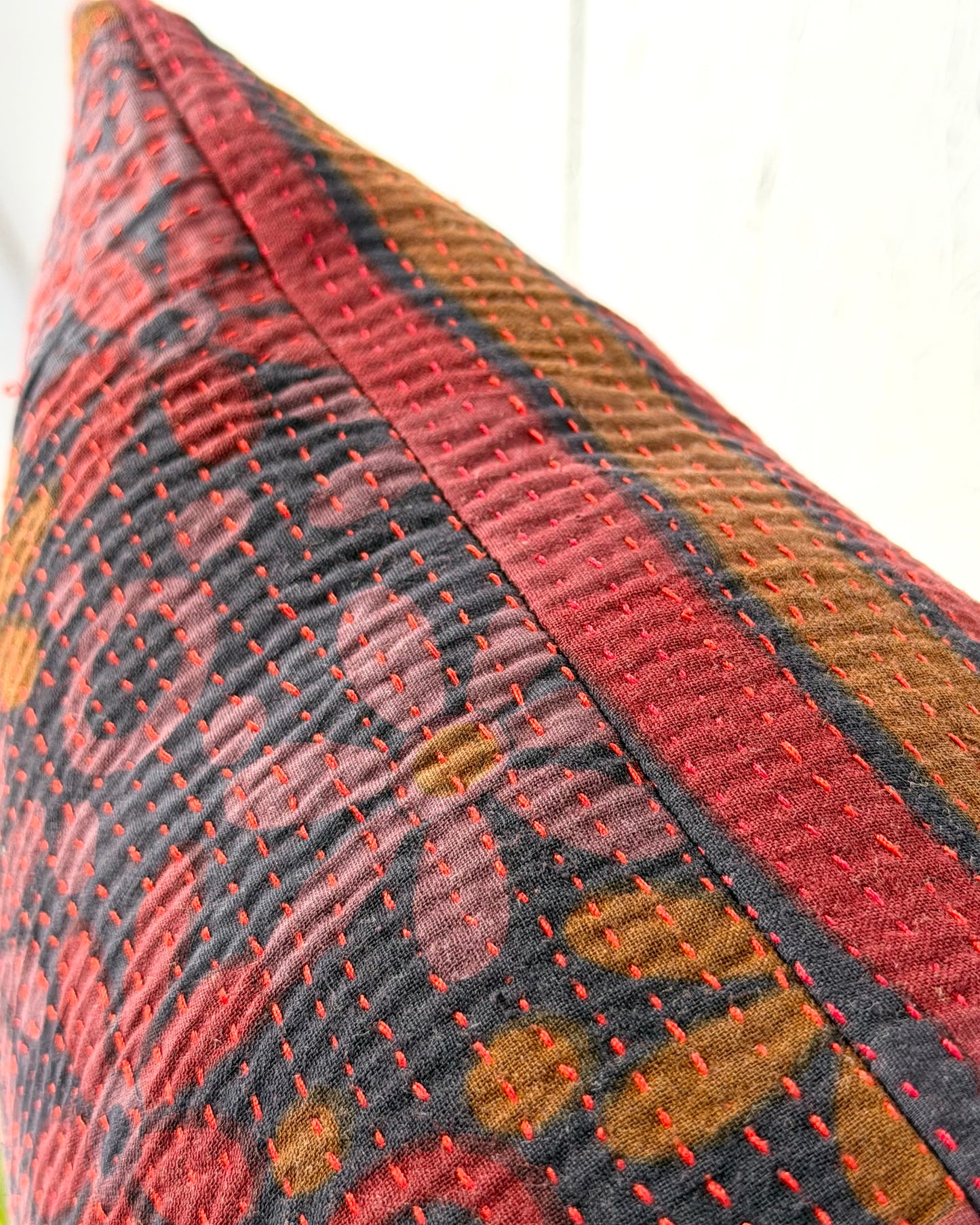 Vintage Kantha Bolster Cushion Cover In Deep Burgundy - 80cm
