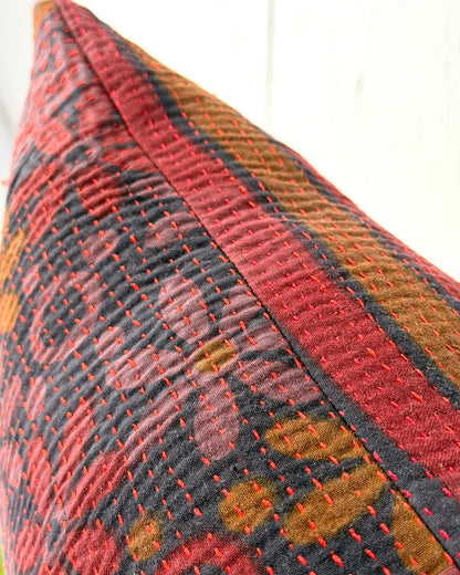 Vintage Kantha Bolster Cushion Cover In Deep Burgundy - 80cm