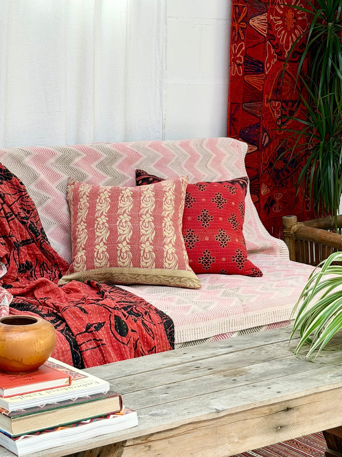 Handmade Vintage Kantha Cushion Cover In Pink and Beige - 45cm (18") - Biggs & Hill