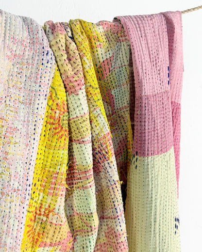 Project Kantha Quilt: Pink, Yellow and Green Patchwork With Authentic Aged Texture