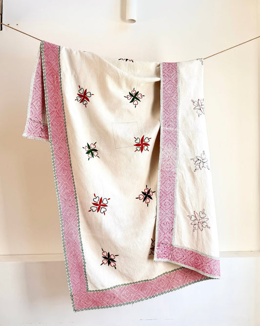 Large Heart And Petal Embroidered Vintage Kantha Quilt in White and Red