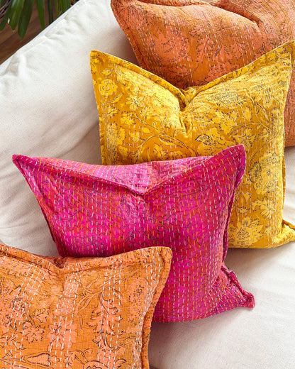 Sunset Orange Floral Block Printed Hand Stitched Square Kantha Cushion