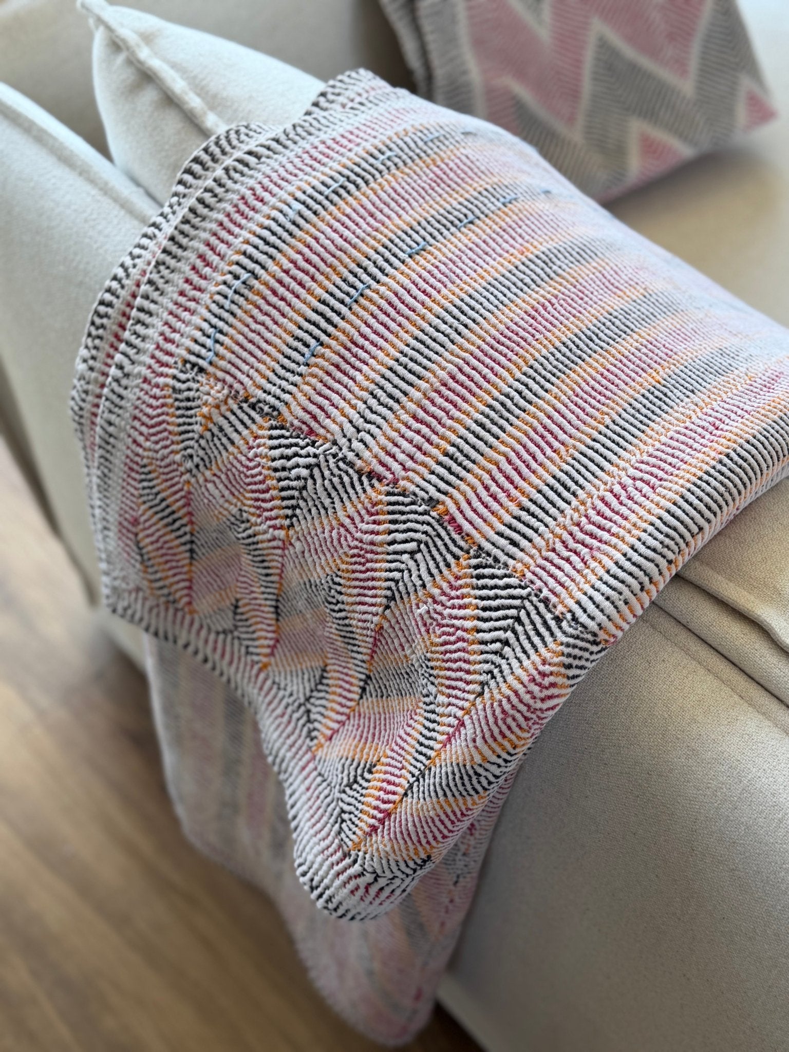 Small Heavy Vintage Lohori Kantha Quilt in Pink and Yellow Stripes - Biggs & Hill