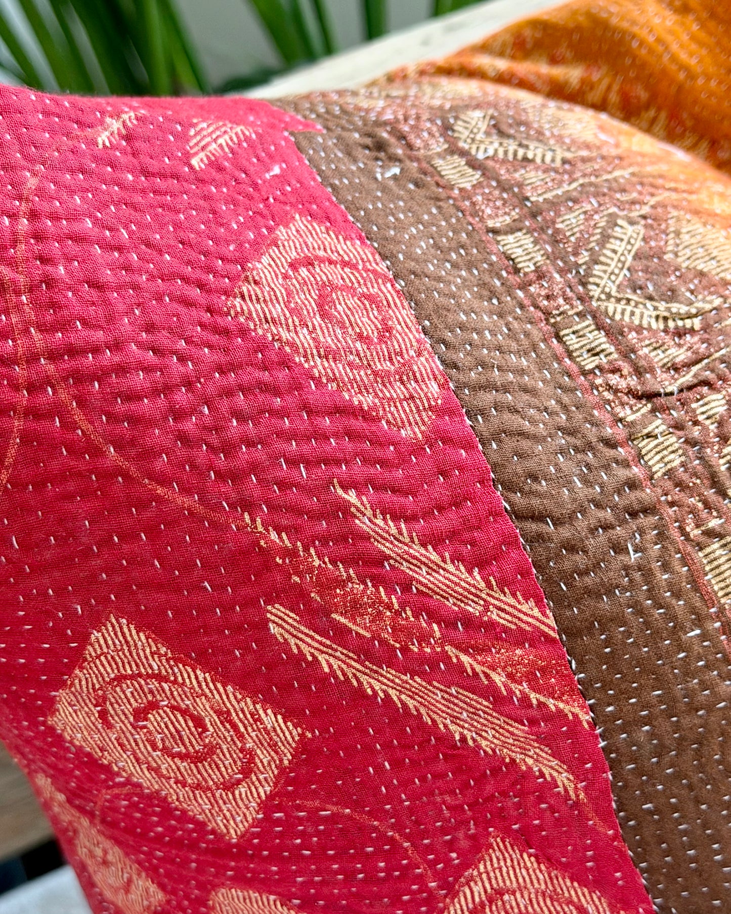 Vintage Kantha Cushion In Sunset Red and Orange - 45cm Square