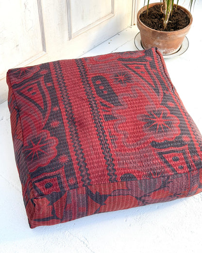 Large Square Kantha Floor Cushion Cover In Burgundy