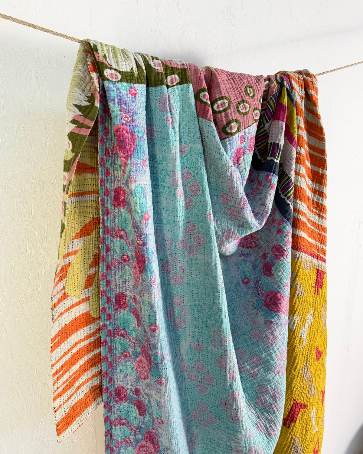 Extra Large Fine Stitched Vintage Kantha Quilt in Vibrant Multicolour Patterns - Biggs & Hill