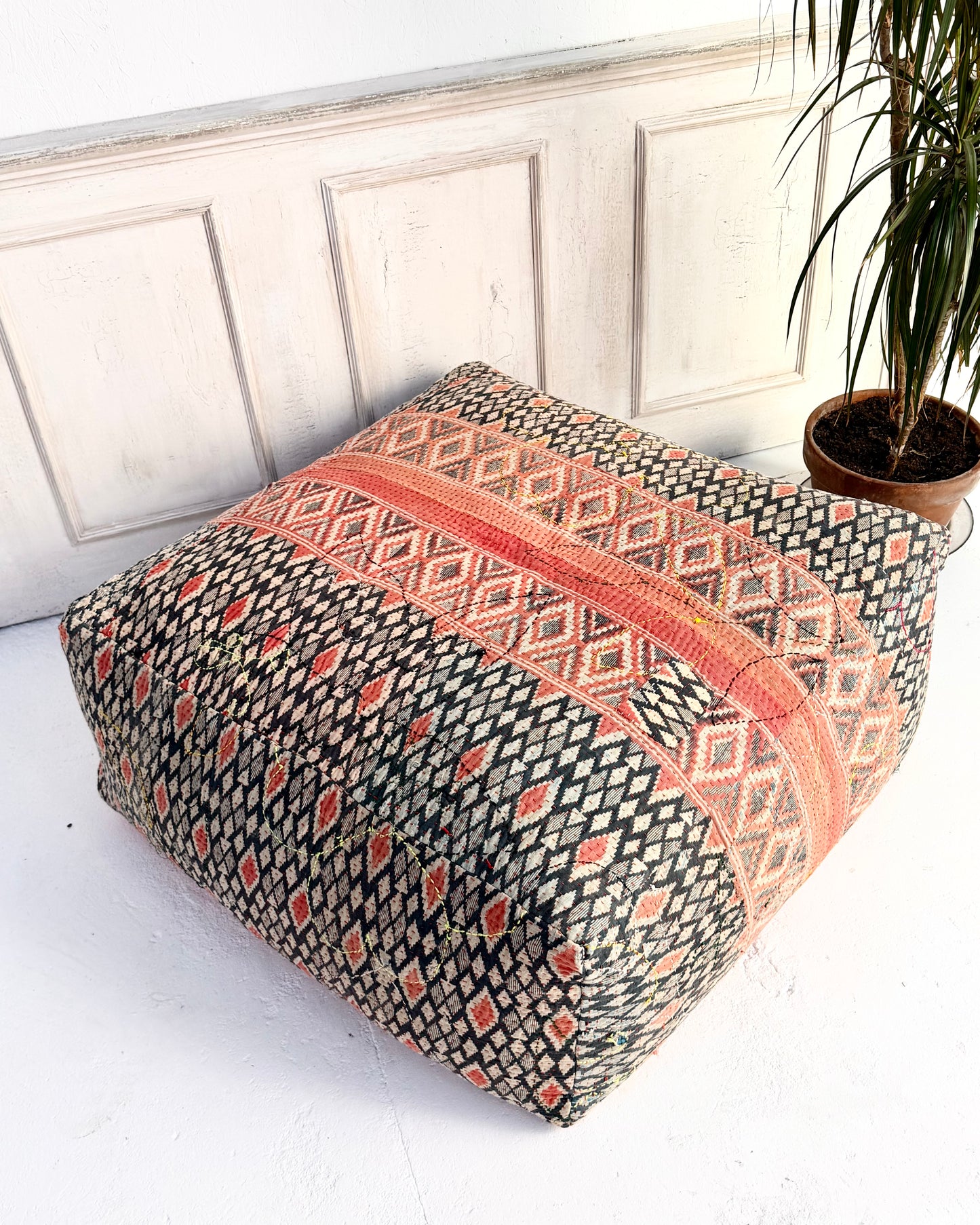 Extra Large Square Kantha Pouf Cushion Cover With Red and Navy Block Print