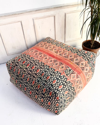 Extra Large Square Kantha Pouf Cushion Cover With Red and Navy Block Print